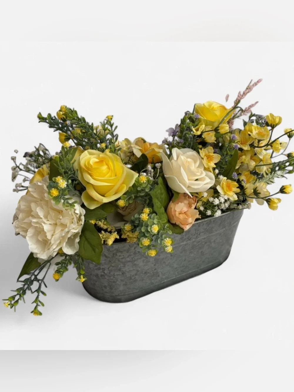 Yellow and Cream Faux Floral Centerpiece in Metal Planter